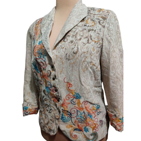 Coldwater Creek 10 Womens Linen Blend Embroidered Boho Chic Artsy Jacket Beige - Picture 10 of 14